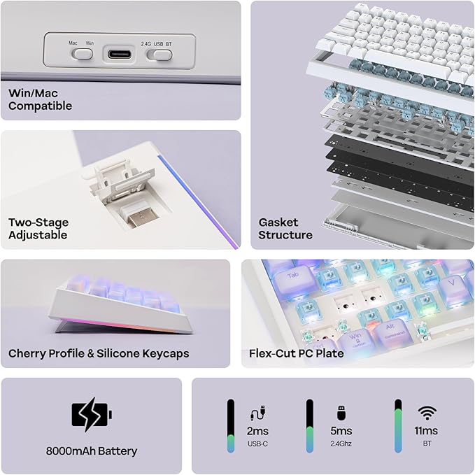 EPOMAKER G84 PRO Wireless Gaming Keyboard with Screen&Knob, 75% Creamy Mechanical Keyboard, 8000mAh, Hot Swappable, Silicone Keycaps, BT5.0/2.4G/USB-C Mode, NKRO, RGB (Purple, Creamy Jade Switch)