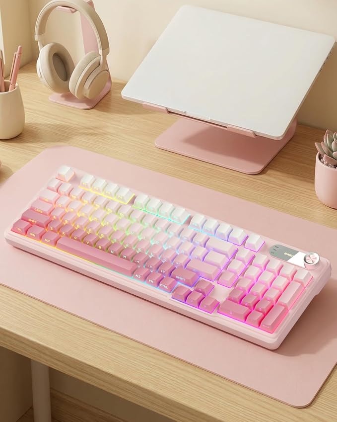 EWEADN V102 Wireless Keyboards, 98 Key Gaming Keyboard with Screen & Media Knob, Custom RGB Backlit, Tri-Mode BT5.0/2.4GHz/Wired Membrane Bluetooth Keyboard, Quiet Typing for PC/Mac-Gradient Pink