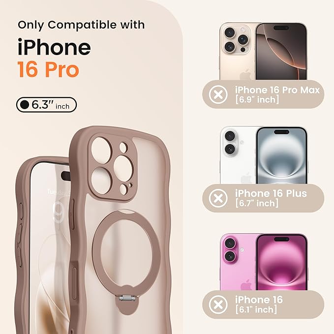 CAPRARO for iPhone 16 Pro Case with 360° Spin Magnetic Stand for Women, [Compatible with MagSafe] [Full Camera Protection] Cute Wave Translucent Matte Case for iPhone 16 Pro, Brown