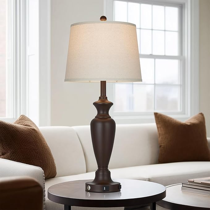 Cinyirong 30" Tall Brown Table Lamp for Living Room, 3-Way Dimmable Touch Control Bedside Lamp for Bedroom Nightstand with USB A+C Ports & AC Outlet (1 Pack)