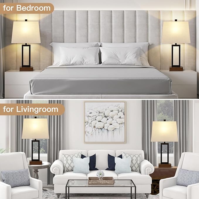 Rinweey 23.5" Table Lamps Set of 2, Modern Black Bedside Lamps with 2 USB Ports & AC Outlet, Contemporary Nightstand Lamps with Wood Base for Bedroom Living Room(LED Bulb Included)