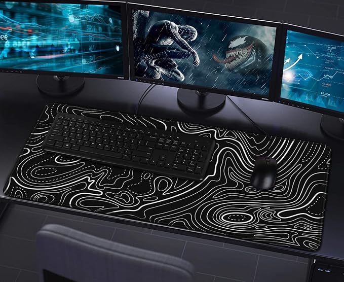Large Gaming Mouse Pad with Stitched Edges, (31.5X15.7In) Durable Non-Slip Natural Rubber Base, Waterproof Computer Keyboard Pad Mat for Esports Pros, Gamer, Desktop, Office, Home, Terrain Black
