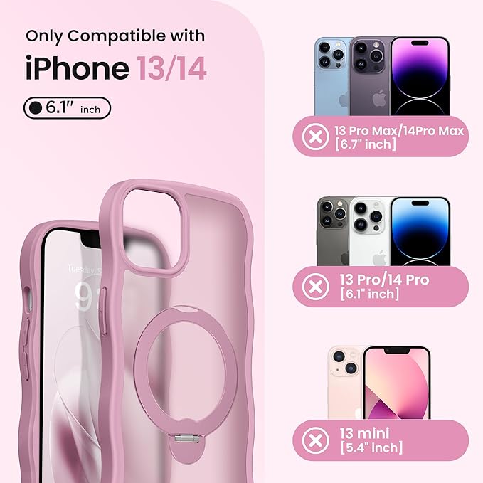 CAPRARO for iPhone 13 Case & iPhone 14 Case with 360° Spin Magnetic Stand for Women, [Compatible with MagSafe] [Camera Protection] Cute Wave Translucent Matte Case for iPhone 13/14, Black Currant