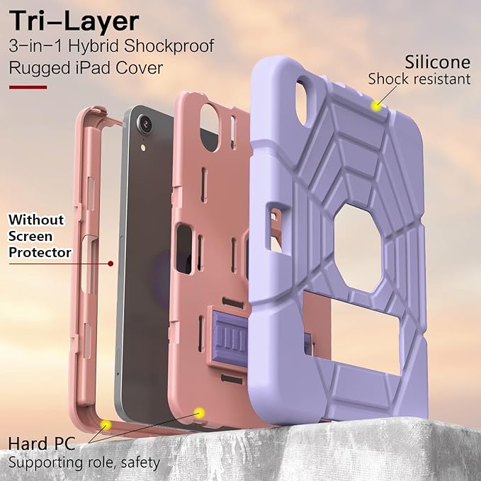 Grifobes Case for iPad mini 7th 2024 (A17 Pro) / Mini 6th Generation 2021 8.3", Heavy Duty Shockproof Cover with Pencil Holder Stand, for i Pad Mini 7/6 Gen 8.3 inch Case (Purple+Pink)