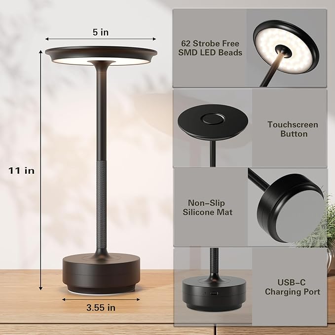 Rechargeable Cordless Table Lamps, Portable 5000mAh Battery Table Light, 3 Color Stepless Dimming LED Table Light,Suitable for Terrace, Western Restaurant, Cafe(with Memory Function)