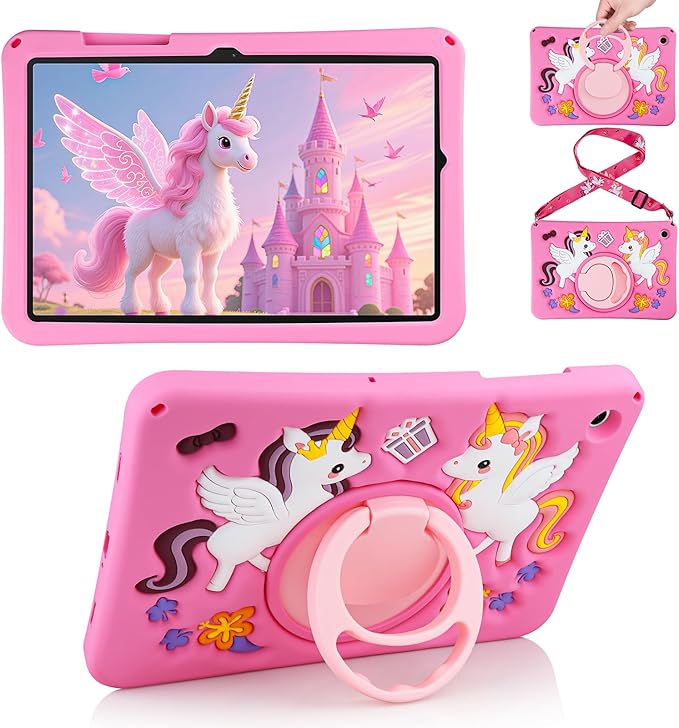 HianDier for Samsung Galaxy Tab A9+ Plus Case Cute Unicorn Silicone for Samsung A9 Plus Tablet Case with Detachable Strap and Rotatable Stand Shockproof Cover for Galaxy Tab A9+ 11" 2023-Rose Pink