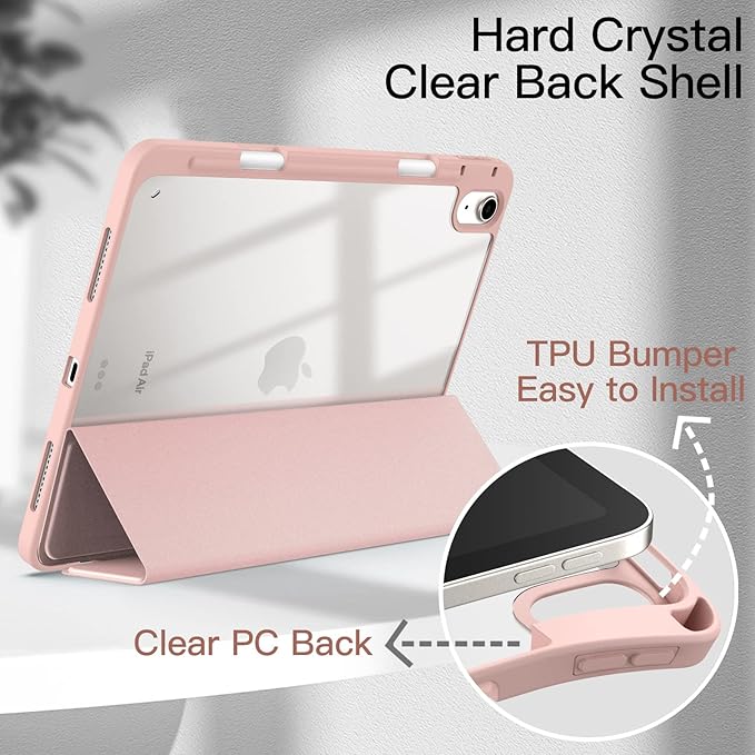 JETech Case ONLY for iPad Air 11-Inch M4/M3/M2 (2026/2025/2024), iPad Air 5/4 (2022/2020 5th/4th) with Pencil Holder, Clear Transparent Back Slim Stand Shockproof Tablet Cover (Rose Gold)