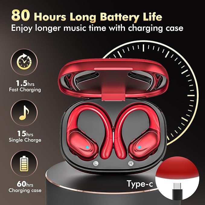 HAOYUYAN Wireless Earbuds, Sports Bluetooth Headphones, 80Hrs Playtime Ear Buds with LED Power Display, Noise Canceling Headset, IPX7 Waterproof Earphones for Workout/Running (Red)