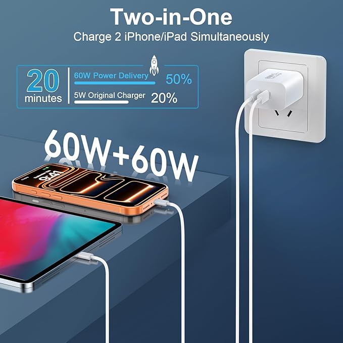 60W USB C Fast Charger for iPhone 17 16 15 Pro Max, 60W Dual Port Type C Charger Block with 10FT Long C Charger Fast Charging Cable Cord for iPhone 17/17 Pro Max/17/Air/16/15/Pro Max, iPad
