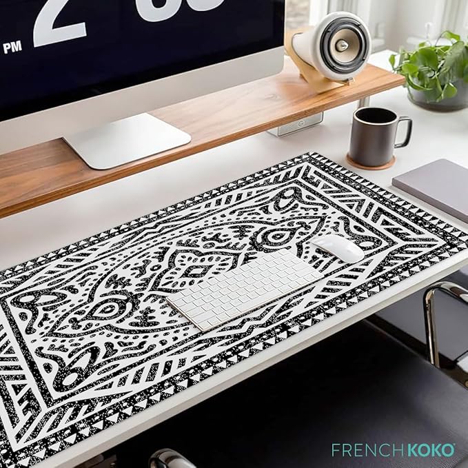 French KOKO Desk Mat, Large Desk Pad Large Mouse Pad Cute Desk Accessories Home Office Essentials XL Desk Mat Desk Pad Keyboard Mouse Desk Pads Computer Cute Women Girls (Black White Rug, 36" x 16.5")