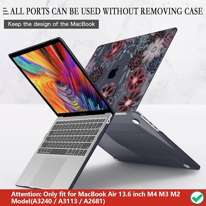 CISSOOK Compatible with MacBook Air 13.6 inch Case 2022 2023 2024 2025 2026 Model A2681 A3113 A3240 A3449, Plastic Hard Case with Keyboard Cover Screen Protector Type C Adapter, Texture Flowers