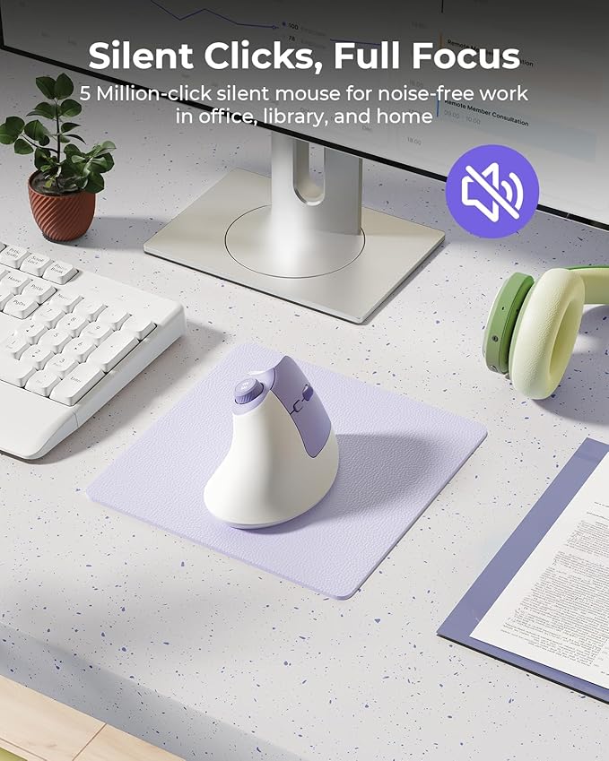 seenda Ergonomic Mouse Wireless, MOU-302 Bluetooth Vertical Mouse Rechargeable, Volume Knob, Silent Mice & 1000/1600/2400 DPI, 3 Multi-Device Connection for Windows/PC/Laptop/Mac/MacBook, White Purple