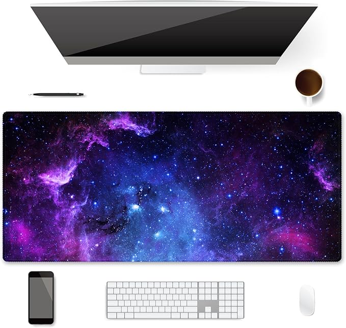 XXL Waterproof Office Desk Pad Protector 35.4x15.7 Inch - Extended Gaming Mouse Pad with Non-Slip Rubber Base, Thickened Keyboard Mat, Stitched Edges & Galaxy Star Design