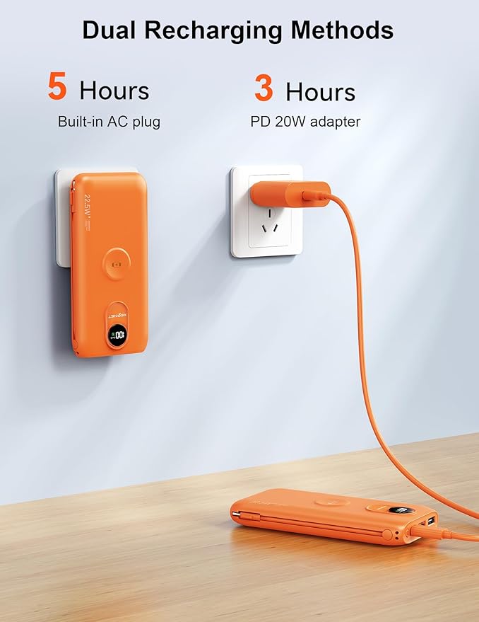 Portable Charger, 10000mAh 22.5W Power Bank Fast Charging with Wall Plug, Built-in Cables, LED Display, Compact Lightweight USB C Travel Battery Pack for iPhone 17/16, Android Cell Phone, Pad, iWatch