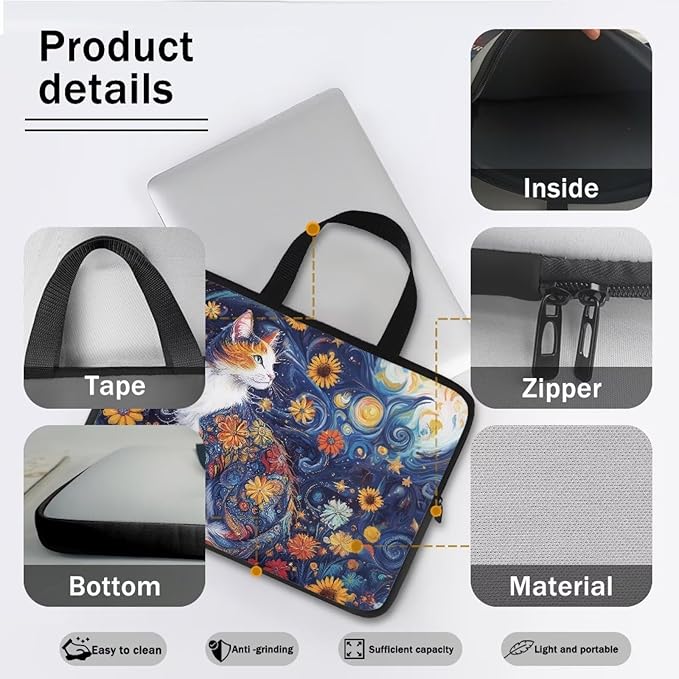Starry Night Laptop Sleeve 13 Inch Laptop Protective Case Cute Cat Floral Computer Sleeve Neoprene Protective for 10-17 Inch Computer, Notebook, Chromebook, Tablet Bag