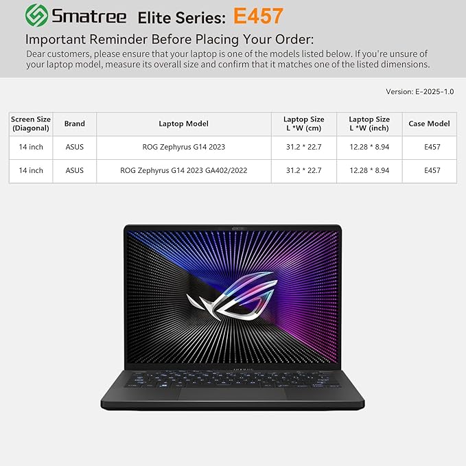Smatree Laptop Sleeve for 14 inch ASUS ROG Zephyrus G14 2023 GA402/2022 Gaming Laptop, Case with Accessory Pocket, YKK Zipper, Patented Shockproof Design (E457)