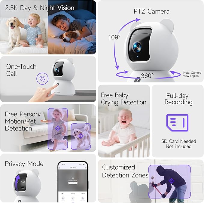 2.5K Indoor Security Camera 4pack, Non-Subscription AI Person/Pet/Cry Detection, 4MP Pet/Dog/Cat/Baby Camera w/Phone App, Pan Tilt WiFi, Night Vision, Full Duplex Audio for Home Security