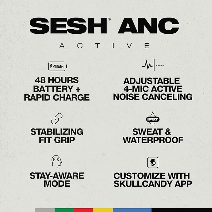 Skullcandy Sesh ANC Active Wireless Earbuds, Bluetooth Headphones, Noise Cancelling, Customizable Sound, 48 Hrs Battery, Stable Fit, Sweat and Waterproof, Microphone for iPhone Android - Black/Orange