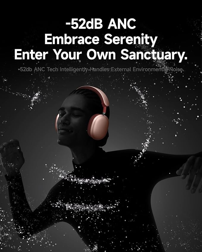 Picun F8 Pro Hybrid Active Noise Cancelling Headphones, Wireless Over-Ear Bluetooth Headphones with Multiple Modes, 140H Playtime, Customizable Sound, Head Tracking, Travel, Office (Pink)
