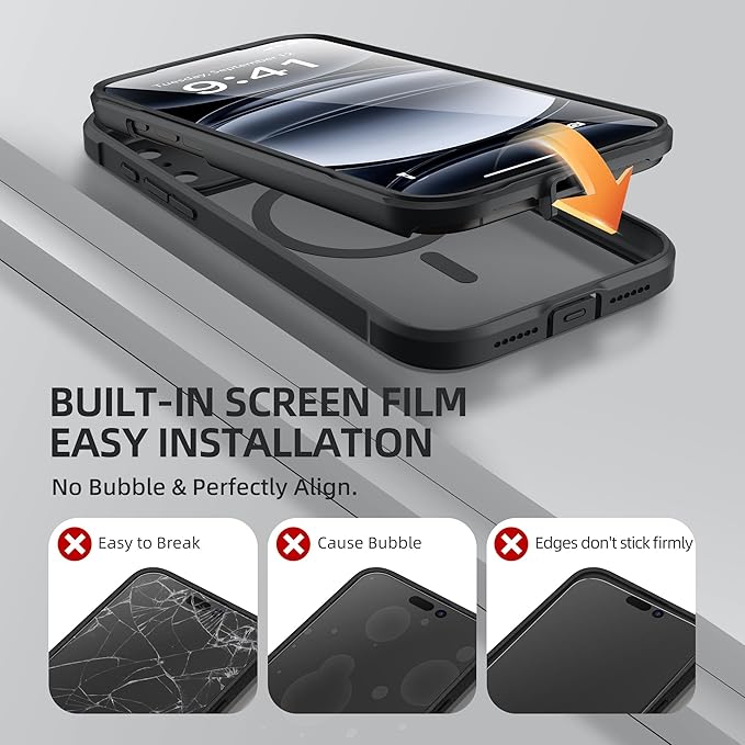 BERFY for iPhone 17 Pro Case, Compatible with MagSafe, Built-in Glass Screen Protector, Camera Protection, Shockproof Full Body Phone case 6.3", Clear Black