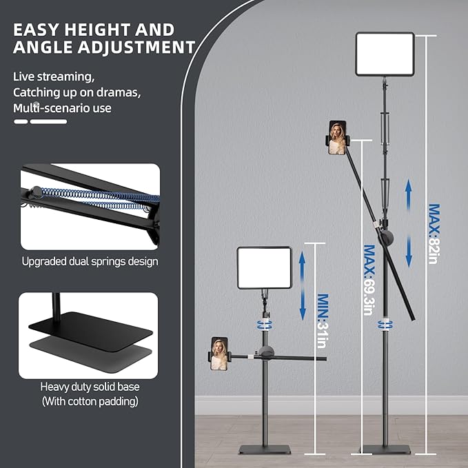 Selfie Light with Stand and Cell Phone Holder, 12" Led Panel Lamp Tripod with Adjustable Arm, 2800-7000K Color Temperature for Photoshoot, Video Recording, Streaming, Vlog, YouTube, TikTok