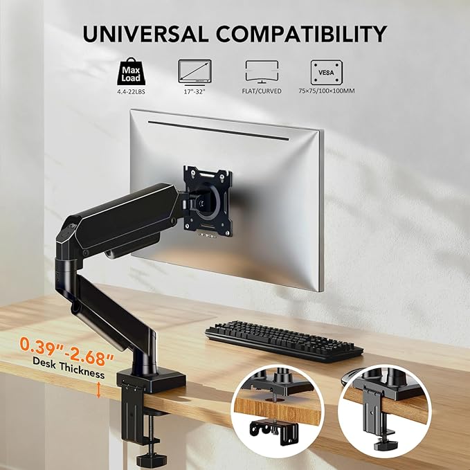 Hemudu Single Monitor Mount, Gas Spring Arm for 17-32 inch Screens Adjustable Monitor Stand, Vesa Mount Stand with Clamp and Grommet Aluminum Base - Fits 4.4 to 22lbs LCD Computer Monitors HD09B-001