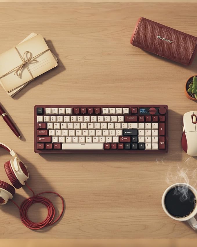 RK ROYAL KLUDGE M100 Wireless Mechanical Keyboard w/Screen & Dual Knobs, Tri-Mode Gasket Mount Gaming Keyboard with Number Pad, Hot Swappable Cream Switch, Red
