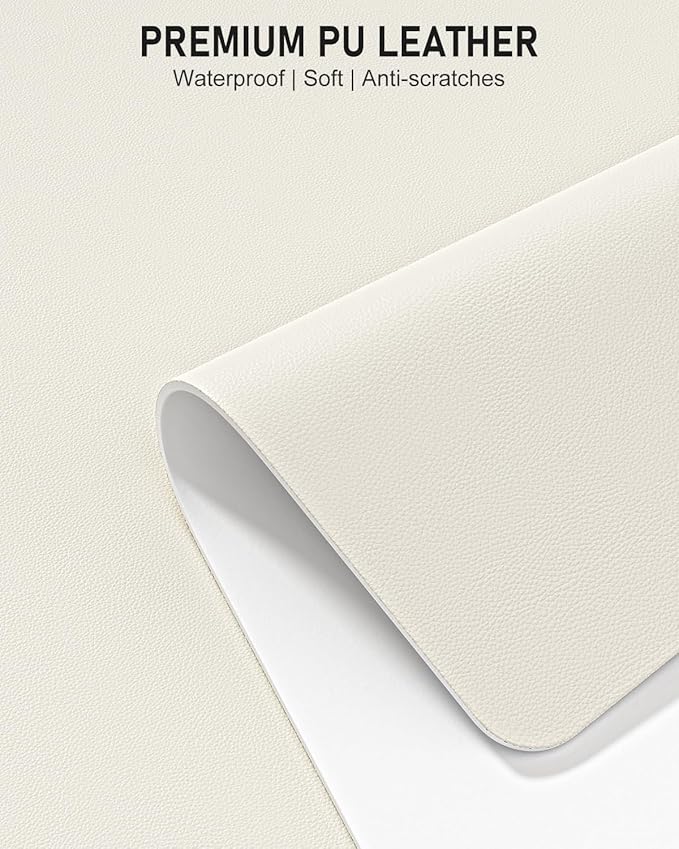 Desk Pad, 23.6" x 13.8" PU Leather Non-Slip Desk Mat Large Mouse Pad for Desktop, Waterproof Laptop Computer Writing Mat for Office, Home, Work, Gaming, Ivory White