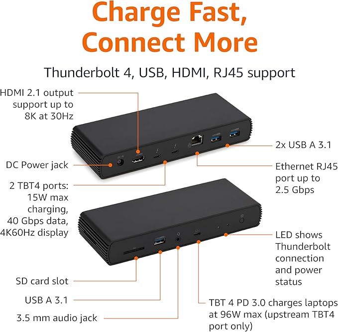 Amazon Basics Thunderbolt 4 Pro Docking Station, Dual 4K Monitor Support, 8K Display, 2xTBT4, 1xHDMI2.1, 3xUSB A 3.1, RJ45 Ethernet, Black, 7.86 x 2.95 x 1.23 inches