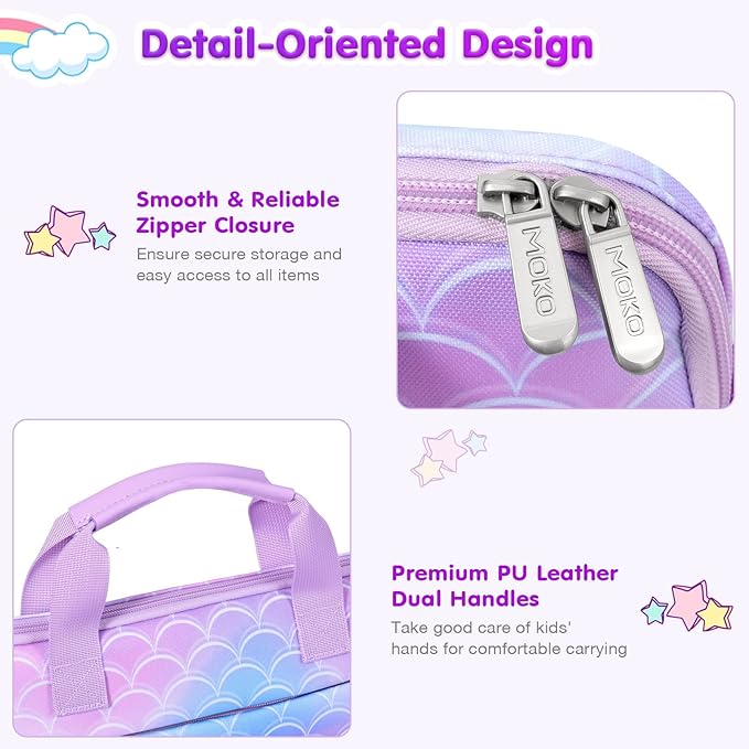 MoKo 10-12.5 Inch Kids Tablet Sleeve Carrying Case for Fire HD 10 13th/11th Gen, Fire HD 8/7 Kids 2022, Tablet Bag with Shoulder Strap for 10/10.1" Android 12/13, Rainbow & Unicorn, Mermaid-Purple