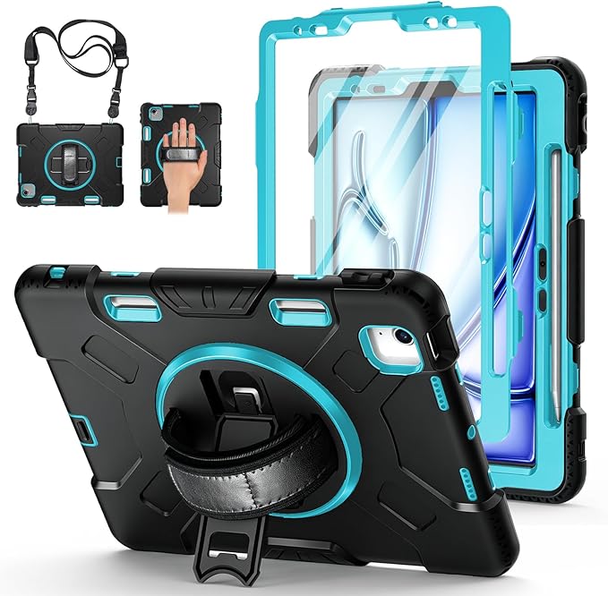 Case for iPad Air 11 M4 2026/ M3 2025/ M2 2024: Silicone Cover for iPad Air 5th & 4th Generation 10.9 Inch (2020/2022) with Screen Protector- Stand- Handle- Shoulder Strap- Pencil Holder