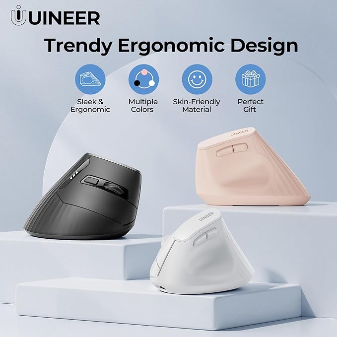 Uineer Ergonomic Vertical Wireless Mouse, 2.4G with USB Receiver, 2400 DPI Optical Sensor, 4 Adjustable DPI Levels, Rechargeable with Battery Indicator, Wide Compatibility with Windows & Mac OS-Black