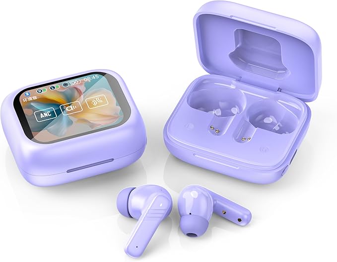 Touch screen earbuds Wireless Earbuds - Active Noise Cancelling Earbuds ANC with Smart Touch Screen - Ear Earbuds with Wireless Charging Case LED Display Deep Bass Earphones Headset with Built (C)