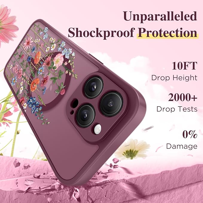 GVIEWIN for iPhone 15 Pro Case Compatible with MagSafe, [Military Grade Protection] [Screen Protector] Full Camera Protection Floral Translucent Women Magnetic Phone Case, Wild Petals/Red