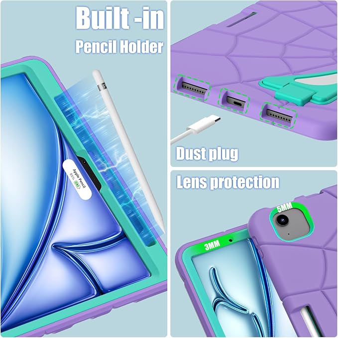 AKABEILA Compatible with Apple iPad Air 11(2026)M4/iPad Air 11(2024)/iPad Air 11(2025)M3 11 inch Tablet Case，Lightweight Protective Cover with Kickstand for Kids Children Boys Babies Purple Mint Green