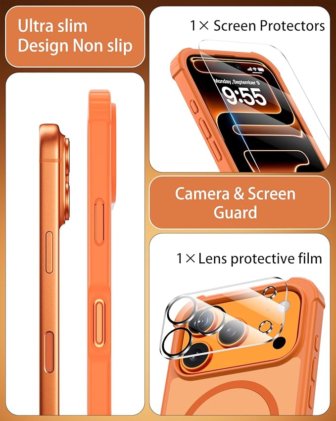 for iPhone 17 Pro Case, Magnetic Shockproof Matte Semi-Transparent Orange Cover, Compatible with MagSafe, Durable Anti-Fingerprint Anti-Scratch 3-in-1 Set Phone Case