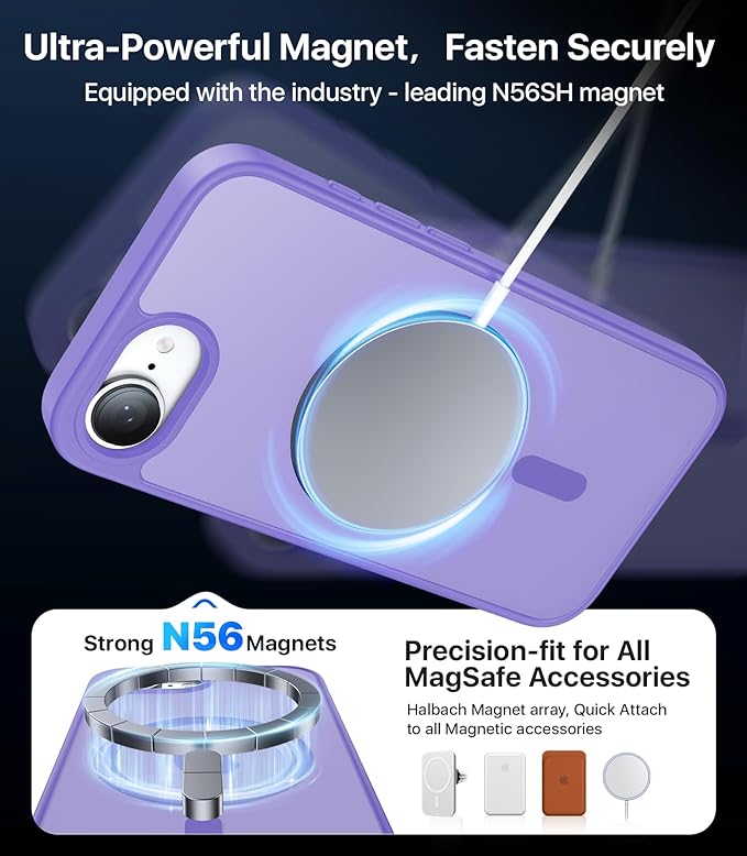 Eastinbox Magnetic Shockproof for iPhone 17e & iPhone 16e Case [Compatible with MagSafe] [Military-Grade Protection] Anti-Yellowing, Matte Protective Phone Case for iPhone 17 e/16 e 6.1",Light Purple