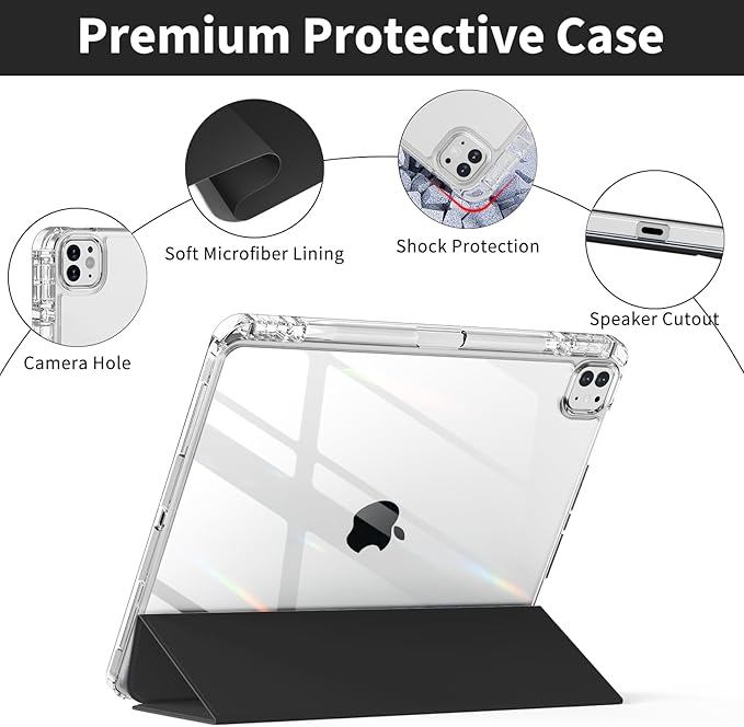 Clear Case for iPad Pro 12.9 inch 6th/5th/4th/3rd Gen with Pencil Holder [Support Pencil Charging] Auto Wake/Sleep, Lightweight Shockproof Trifold Stand Transparent Hard PC Back Cover, Black-2