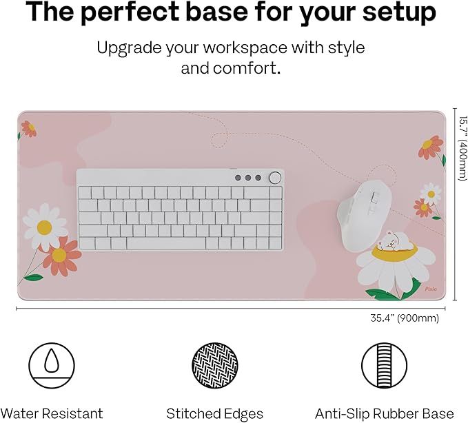 Pixio Mouse Pads - 36 x 16 inch XXL Sleepy Bear Flower Pink Multifunctional Large Desk Mats for Gaming, Office, Desktop Anti-Slip Waterproof Washable Computer Mouse Mat