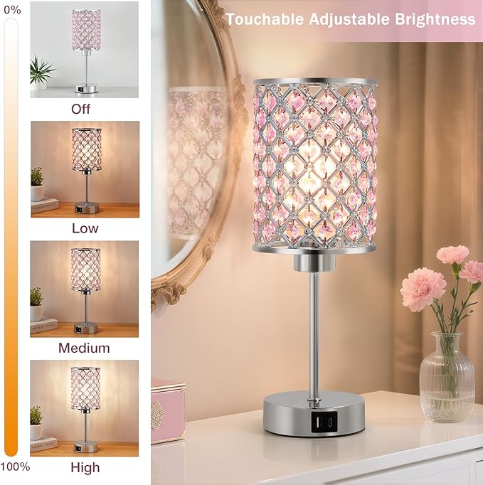 GyroVu Pink Crystal Table Lamp, Touch Control Bedside Lamps with USB-C+A Charging Ports, Dimmable Nightstand Small Desk Lamp Set of 2 for Girl Bedroom, Living Room, Office(Buld Included)