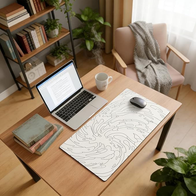 Gaming Mouse Pad L (31.5x11.8in) - Abstract White Line Art Waves, Japanese Doodle Style - Desk Mat, Water Resistant Surface