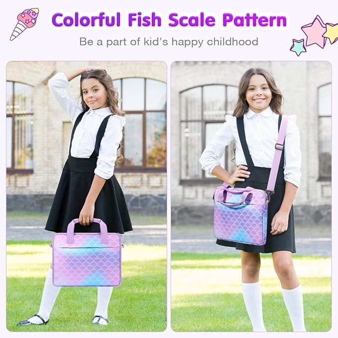 MoKo 10-12.5 Inch Kids Tablet Sleeve Carrying Case for Fire HD 10 13th/11th Gen, Fire HD 8/7 Kids 2022, Tablet Bag with Shoulder Strap for 10/10.1" Android 12/13, Rainbow & Unicorn, Mermaid-Purple