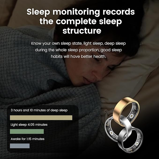 Smart Health Ring for Women Men Fitness Tracker with Heart Rate, Blood Oxygen,Sleep Monitoring, Step Counting, IP68 Waterproof for iPhone and Android, No Subscription Fee (Gold, 9)