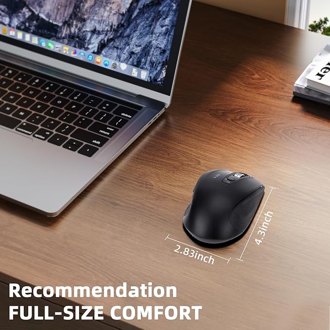 Wireless Bluetooth Mouse with USB-A, USB-C Receiver, Rechargeable, 3-Device, Full-Size, Silent Click, Ergonomic Mice for MacBook/Laptop/Computer/Tablet/PC/iPad-Black