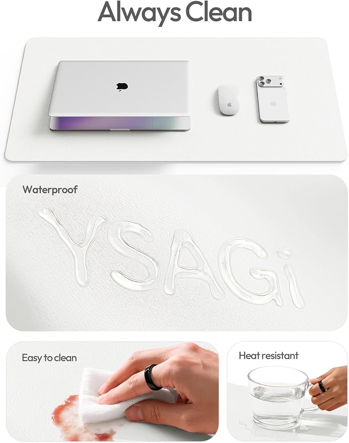 YSAGi Leather Desk Protector, Office Mat, Large Mouse Mat, Non-Slip PU Leather Blotter, Laptop Desk Pad, Waterproof Writing Pad for Office and Home (White, 47.2" x 23.6")