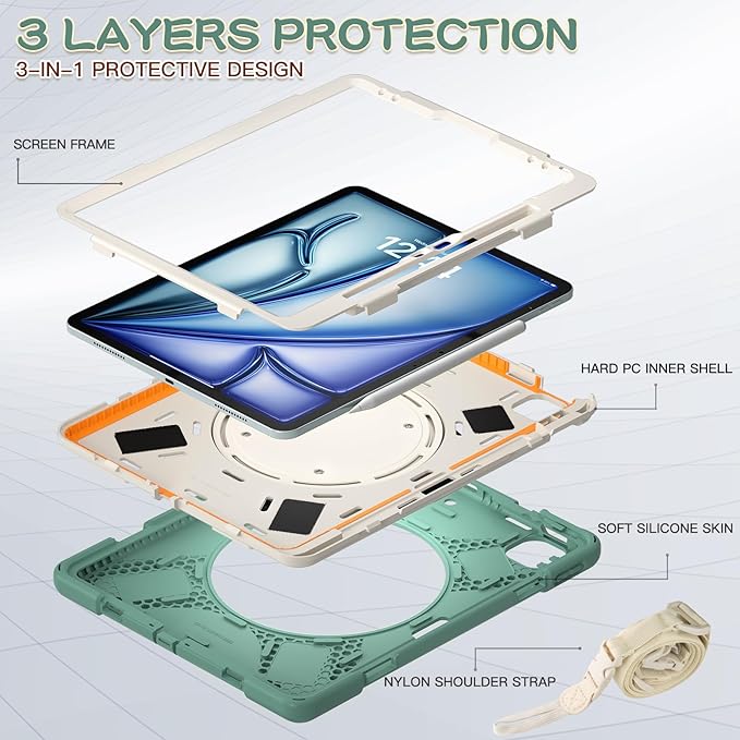 MEEgoodo Case for iPad Air 13 inch 2025 (M3) /2024 (M2) & iPad Pro 12.9 Case 6th/5th/4th/3rd Generation 2022 2021 2020 2018, Tablet Cover with Pencil Holder/Rotating Stand/Shoulder Strap,Emerald Green
