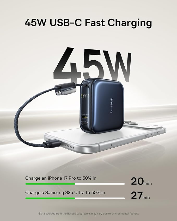 Baseus PicoGo AC22 Mini Power Bank, 10000mAh 45W PD Portable Charger Built-in USB-C Cable, Ultra Small Sized Battery Pack, Fast Charging Battery Bank for iPhone 17/16/15 Samsung S25/S24 Pixel 10 iPad