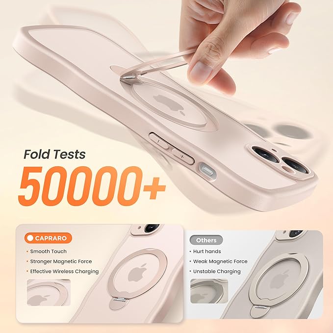 CAPRARO for iPhone 15 Plus Case with 360° Spin Magnetic Stand for Women, [Compatible with MagSafe] [Full Camera Protection] Cute Wave Translucent Matte Case for iPhone 15 Plus, Rose Gold