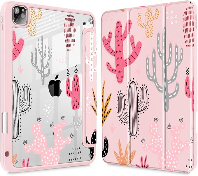 Tuiklol for iPad Pro 12.9 Inch 6th/5th/4th/3rd Generation 2022 2021 2020 2018 Case,Built-in Pencil Holder Clear Transparent Protective Back Shell Cover with Auto Sleep/Wake, Cactus
