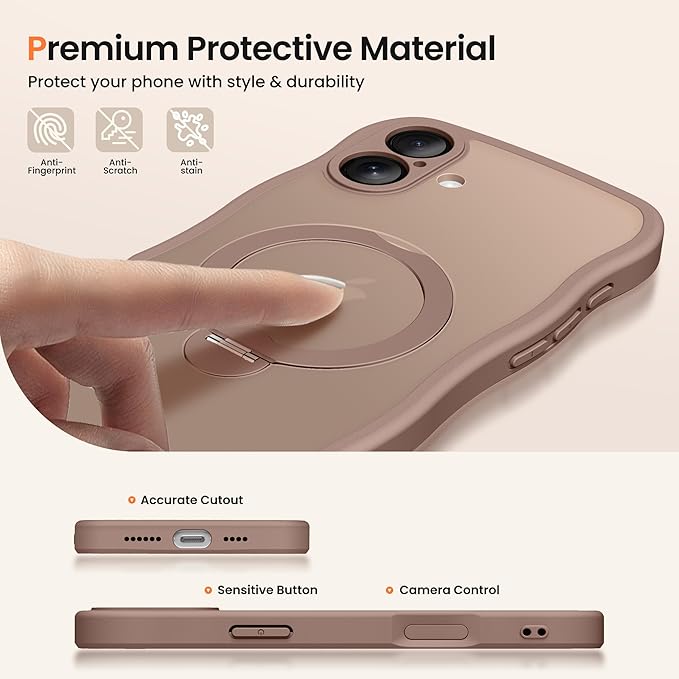 CAPRARO for iPhone 16 Plus Case with 360° Spin Magnetic Stand for Women, [Compatible with MagSafe] [Full Camera Protection] Cute Wave Translucent Matte Case for iPhone 16 Plus, Brown